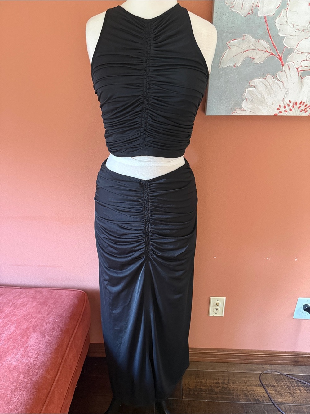 House of Harlow 1960 Black Ruched Maxi skirt and shirt